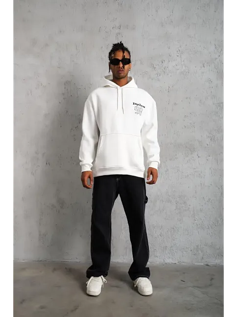 Erkek 98 Baskılı Kapşonlu 3 İplik Pamuklu Sweatshirt Hoodie - Beyaz