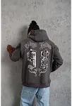Erkek 3 İplik Pamuklu Kapüşonlu Baskılı Cepli Oversize Sweatshirt Hoodie - Gri