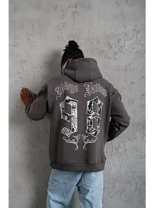 Erkek 3 İplik Pamuklu Kapüşonlu Baskılı Cepli Oversize Sweatshirt Hoodie - Gri