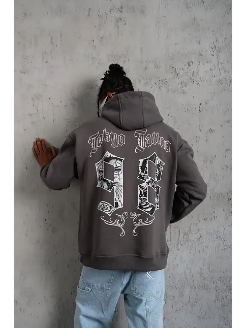 Erkek 3 İplik Pamuklu Kapüşonlu Baskılı Cepli Oversize Sweatshirt Hoodie - Gri