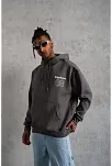Erkek 3 İplik Pamuklu Kapüşonlu Baskılı Cepli Oversize Sweatshirt Hoodie - Gri
