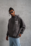 Erkek 3 İplik Pamuklu Kapüşonlu Baskılı Cepli Oversize Sweatshirt Hoodie - Gri