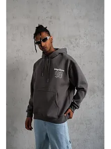 Erkek 3 İplik Pamuklu Kapüşonlu Baskılı Cepli Oversize Sweatshirt Hoodie - Gri