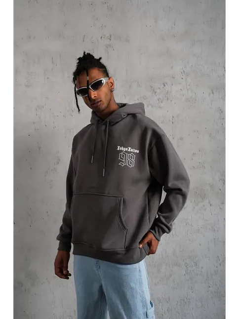 Erkek 3 İplik Pamuklu Kapüşonlu Baskılı Cepli Oversize Sweatshirt Hoodie - Gri