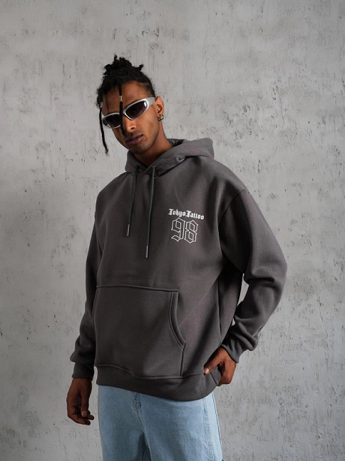 Erkek 3 İplik Pamuklu Kapüşonlu Baskılı Cepli Oversize Sweatshirt Hoodie - Gri