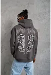 Erkek 3 İplik Pamuklu Kapüşonlu Baskılı Cepli Oversize Sweatshirt Hoodie - Gri