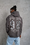 Erkek 3 İplik Pamuklu Kapüşonlu Baskılı Cepli Oversize Sweatshirt Hoodie - Gri