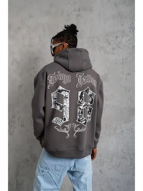 Erkek 3 İplik Pamuklu Kapüşonlu Baskılı Cepli Oversize Sweatshirt Hoodie - Gri