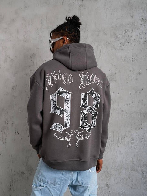 Erkek 3 İplik Pamuklu Kapüşonlu Baskılı Cepli Oversize Sweatshirt Hoodie - Gri