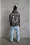 Erkek 3 İplik Pamuklu Kapüşonlu Baskılı Cepli Oversize Sweatshirt Hoodie - Gri