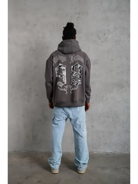 Erkek 3 İplik Pamuklu Kapüşonlu Baskılı Cepli Oversize Sweatshirt Hoodie - Gri