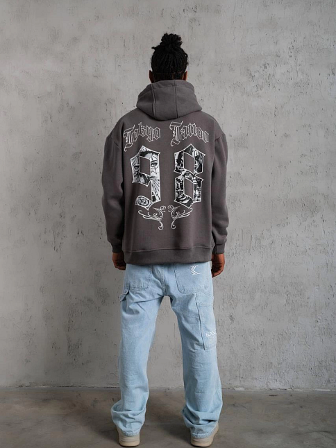 Erkek 3 İplik Pamuklu Kapüşonlu Baskılı Cepli Oversize Sweatshirt Hoodie - Gri