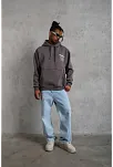 Erkek 3 İplik Pamuklu Kapüşonlu Baskılı Cepli Oversize Sweatshirt Hoodie - Gri