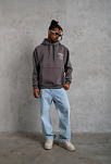 Erkek 3 İplik Pamuklu Kapüşonlu Baskılı Cepli Oversize Sweatshirt Hoodie - Gri