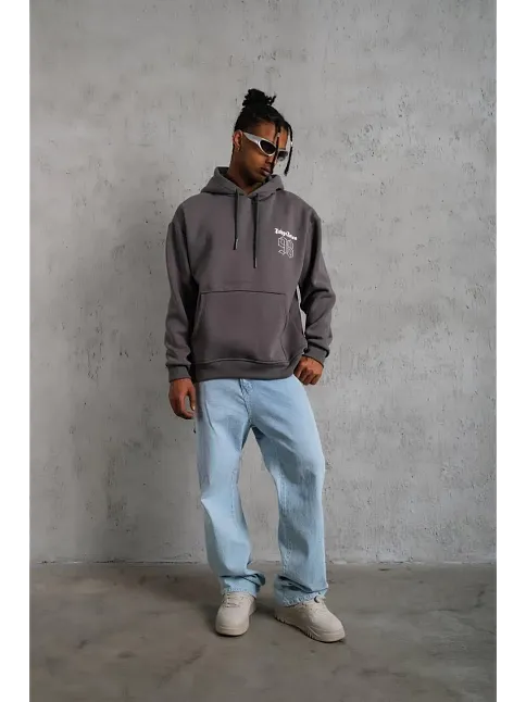 Erkek 3 İplik Pamuklu Kapüşonlu Baskılı Cepli Oversize Sweatshirt Hoodie - Gri
