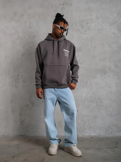 Erkek 3 İplik Pamuklu Kapüşonlu Baskılı Cepli Oversize Sweatshirt Hoodie - Gri