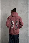 Erkek 3 İplik Pamuklu Kapüşonlu Baskılı Cepli Sweatshirt Hoodie - Gül Kurusu