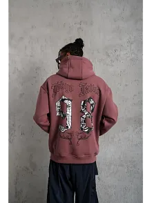 Erkek 3 İplik Pamuklu Kapüşonlu Baskılı Cepli Sweatshirt Hoodie - Gül Kurusu