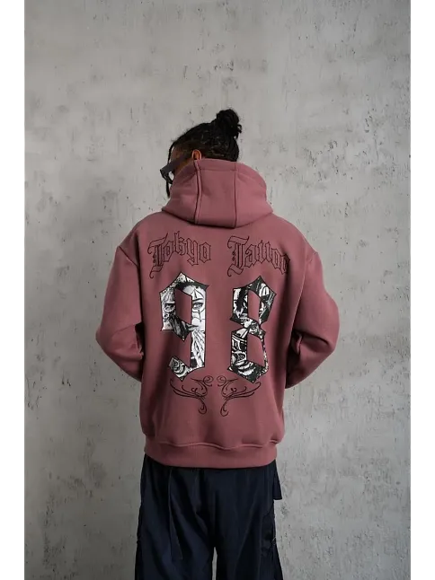 Erkek 3 İplik Pamuklu Kapüşonlu Baskılı Cepli Sweatshirt Hoodie - Gül Kurusu