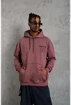Erkek 3 İplik Pamuklu Kapüşonlu Baskılı Cepli Sweatshirt Hoodie - Gül Kurusu