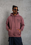 Erkek 3 İplik Pamuklu Kapüşonlu Baskılı Cepli Sweatshirt Hoodie - Gül Kurusu