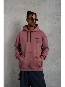 Erkek 3 İplik Pamuklu Kapüşonlu Baskılı Cepli Sweatshirt Hoodie - Gül Kurusu