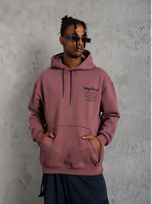 Erkek 3 İplik Pamuklu Kapüşonlu Baskılı Cepli Sweatshirt Hoodie - Gül Kurusu