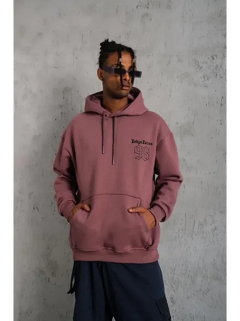 Erkek 3 İplik Pamuklu Kapüşonlu Baskılı Cepli Sweatshirt Hoodie - Gül Kurusu