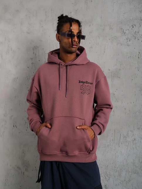Erkek 3 İplik Pamuklu Kapüşonlu Baskılı Cepli Sweatshirt Hoodie - Gül Kurusu