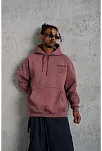 Erkek 3 İplik Pamuklu Kapüşonlu Baskılı Cepli Sweatshirt Hoodie - Gül Kurusu