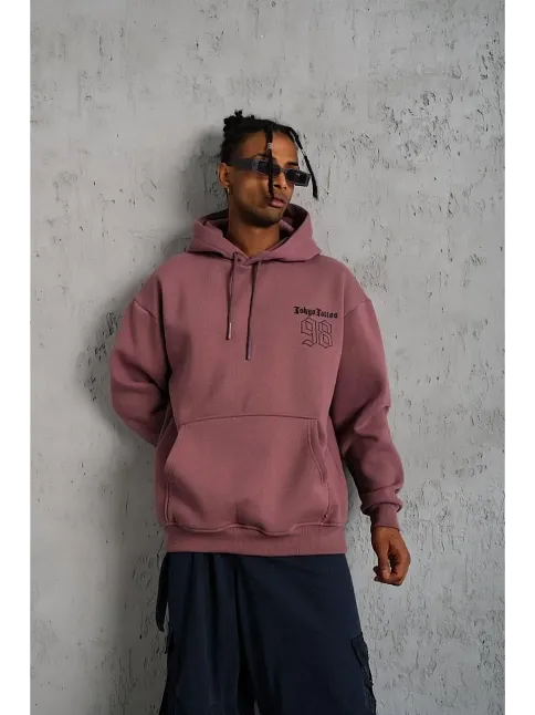 Erkek 3 İplik Pamuklu Kapüşonlu Baskılı Cepli Sweatshirt Hoodie - Gül Kurusu
