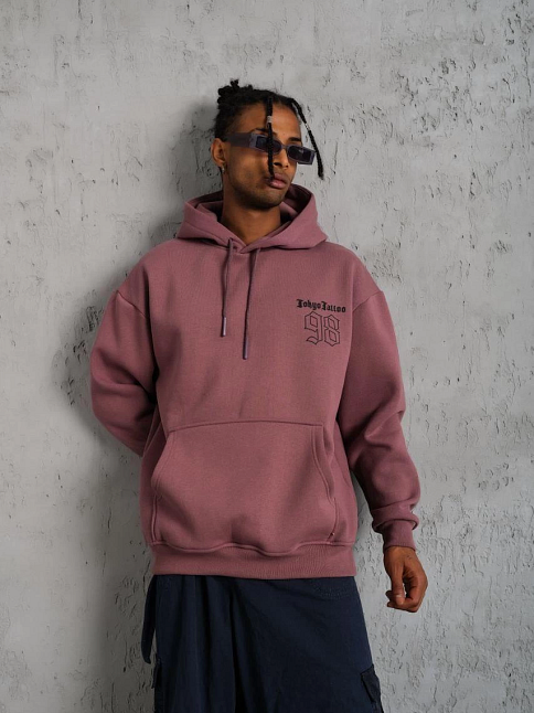 Erkek 3 İplik Pamuklu Kapüşonlu Baskılı Cepli Sweatshirt Hoodie - Gül Kurusu