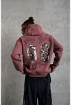 Erkek 3 İplik Pamuklu Kapüşonlu Baskılı Cepli Sweatshirt Hoodie - Gül Kurusu