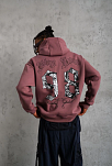 Erkek 3 İplik Pamuklu Kapüşonlu Baskılı Cepli Sweatshirt Hoodie - Gül Kurusu