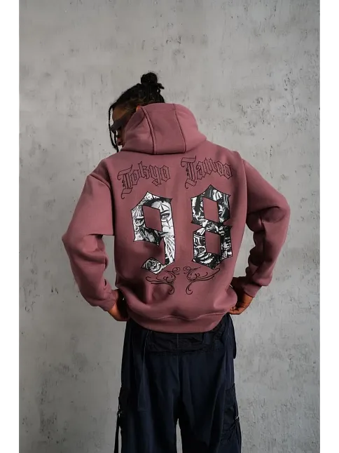 Erkek 3 İplik Pamuklu Kapüşonlu Baskılı Cepli Sweatshirt Hoodie - Gül Kurusu