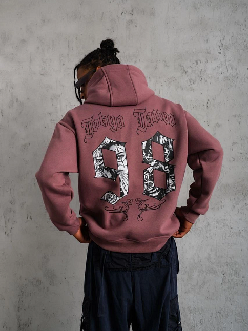 Erkek 3 İplik Pamuklu Kapüşonlu Baskılı Cepli Sweatshirt Hoodie - Gül Kurusu