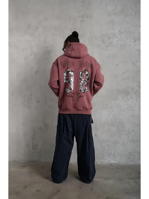 Erkek 3 İplik Pamuklu Kapüşonlu Baskılı Cepli Sweatshirt Hoodie - Gül Kurusu