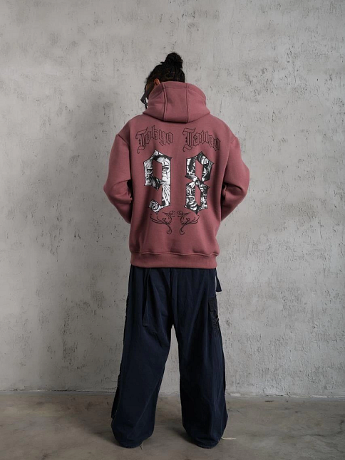 Erkek 3 İplik Pamuklu Kapüşonlu Baskılı Cepli Sweatshirt Hoodie - Gül Kurusu