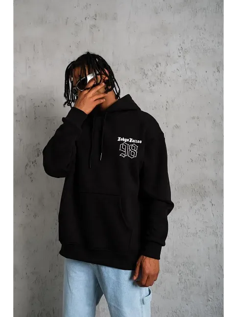 Erkek 98 Baskılı Kapüşonlu 3 İplik Pamuklu Hoodie Sweatshirt - Siyah