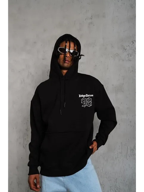 Erkek 98 Baskılı Kapüşonlu 3 İplik Pamuklu Hoodie Sweatshirt - Siyah