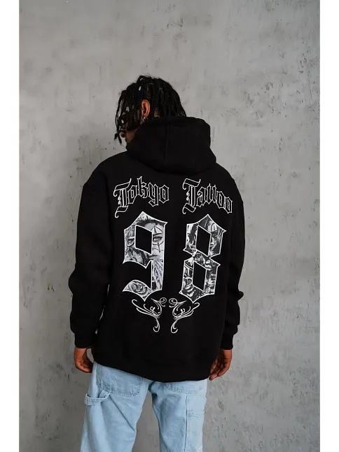 Erkek 98 Baskılı Kapüşonlu 3 İplik Pamuklu Hoodie Sweatshirt - Siyah