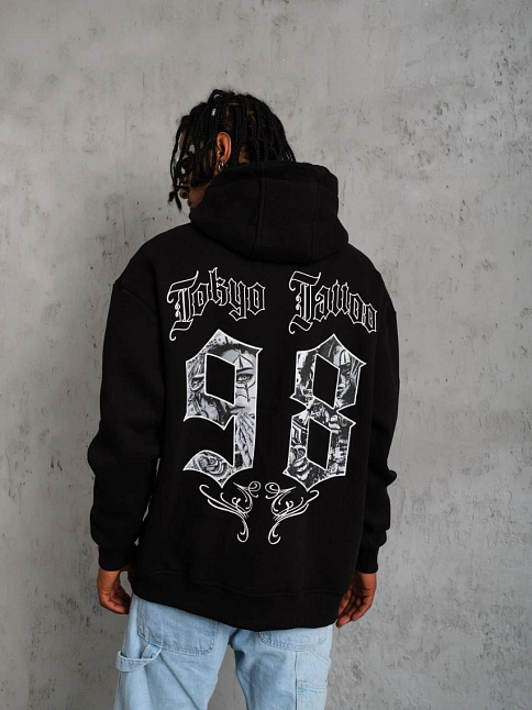 Erkek 98 Baskılı Kapüşonlu 3 İplik Pamuklu Hoodie Sweatshirt - Siyah