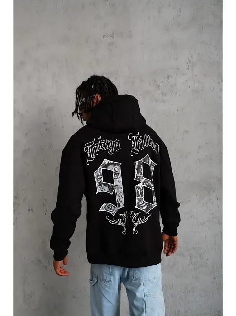 Erkek 98 Baskılı Kapüşonlu 3 İplik Pamuklu Hoodie Sweatshirt - Siyah