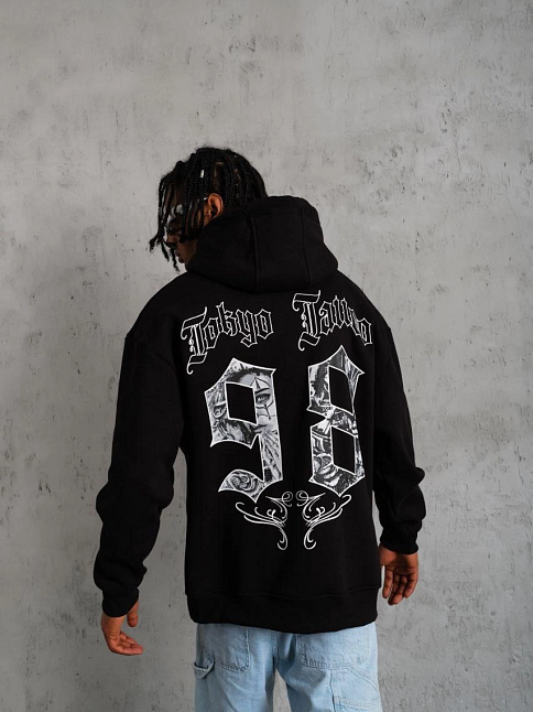 Erkek 98 Baskılı Kapüşonlu 3 İplik Pamuklu Hoodie Sweatshirt - Siyah
