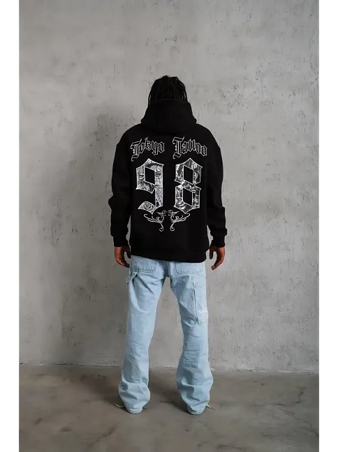 Erkek 98 Baskılı Kapüşonlu 3 İplik Pamuklu Hoodie Sweatshirt - Siyah