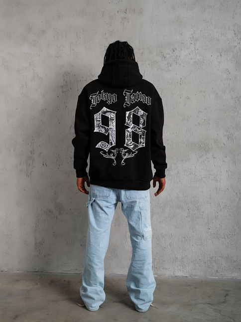 Erkek 98 Baskılı Kapüşonlu 3 İplik Pamuklu Hoodie Sweatshirt - Siyah