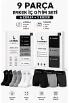 Erkek 9'lu İç Giyim Seti Pamuklu 3 Boxer 6 Çorap Çoklu Paket - Siyah - Füme - Gri - Beyaz