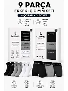 Erkek 9'lu İç Giyim Seti Pamuklu 3 Boxer 6 Çorap Çoklu Paket - Siyah - Füme - Gri - Beyaz