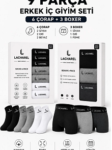 Erkek 9'lu İç Giyim Seti Pamuklu 3 Boxer 6 Çorap Çoklu Paket - Siyah - Füme - Gri - Beyaz