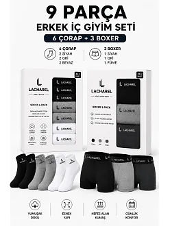Erkek 9'lu İç Giyim Seti Pamuklu 3 Boxer 6 Çorap Çoklu Paket - Siyah - Füme - Gri - Beyaz